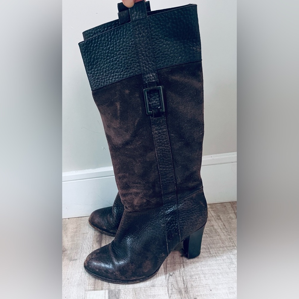Leather and suede tall shaft heeled boots